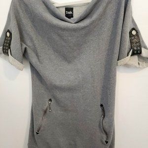 Twik-SIMONS: Cotton, grey, summer dress. Knee length dress , metal button sleeve